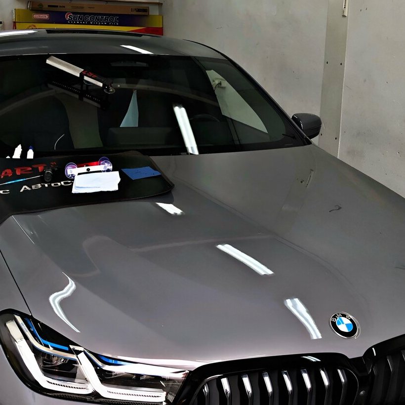Серый BMW на ремонте стекла